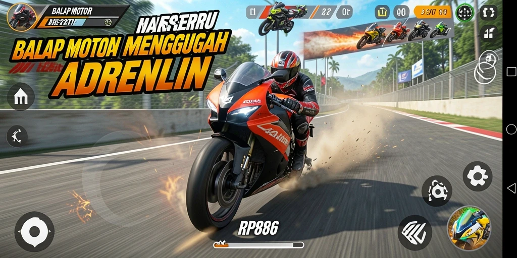 Screenshot antarmuka RP886 saat balapan motor di lintasan.